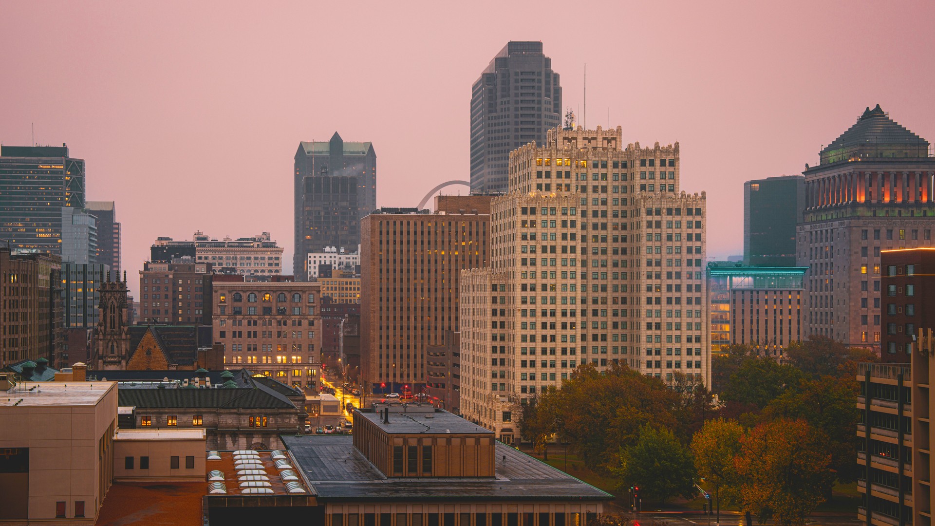 St. Louis City Skyline at rainy dawn in Missouri, United States
